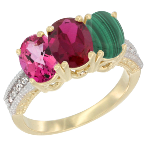 14K Yellow Gold Natural Pink Topaz, Enhanced Ruby & Natural Malachite Ring 3-Stone 7x5 mm Oval Diamond Accent, sizes 5 - 10