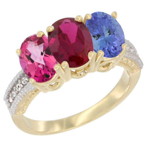 14K Yellow Gold Natural Pink Topaz, Enhanced Ruby & Natural Tanzanite Ring 3-Stone 7x5 mm Oval Diamond Accent, sizes 5 - 10