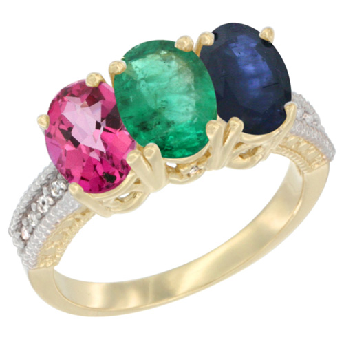 14K Yellow Gold Natural Pink Topaz, Emerald & Blue Sapphire Ring 3-Stone 7x5 mm Oval Diamond Accent, sizes 5 - 10