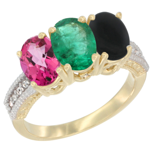 14K Yellow Gold Natural Pink Topaz, Emerald & Black Onyx Ring 3-Stone 7x5 mm Oval Diamond Accent, sizes 5 - 10