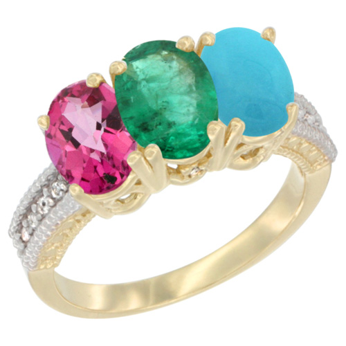 14K Yellow Gold Natural Pink Topaz, Emerald & Turquoise Ring 3-Stone 7x5 mm Oval Diamond Accent, sizes 5 - 10