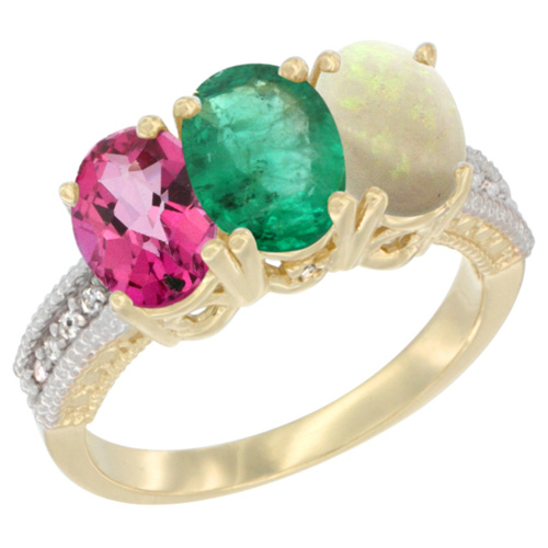 14K Yellow Gold Natural Pink Topaz, Emerald & Opal Ring 3-Stone 7x5 mm Oval Diamond Accent, sizes 5 - 10