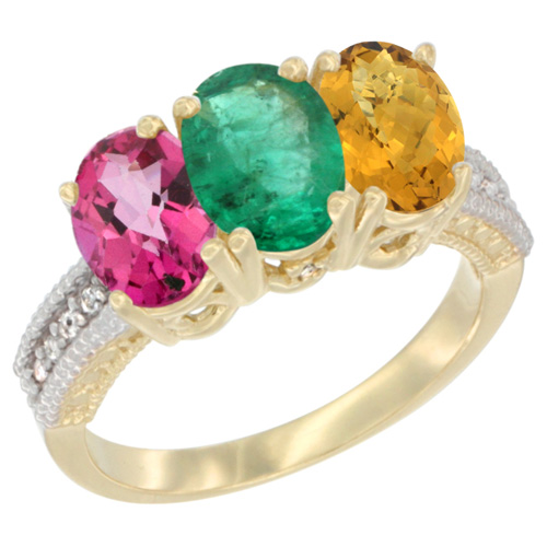 14K Yellow Gold Natural Pink Topaz, Emerald & Whisky Quartz Ring 3-Stone 7x5 mm Oval Diamond Accent, sizes 5 - 10