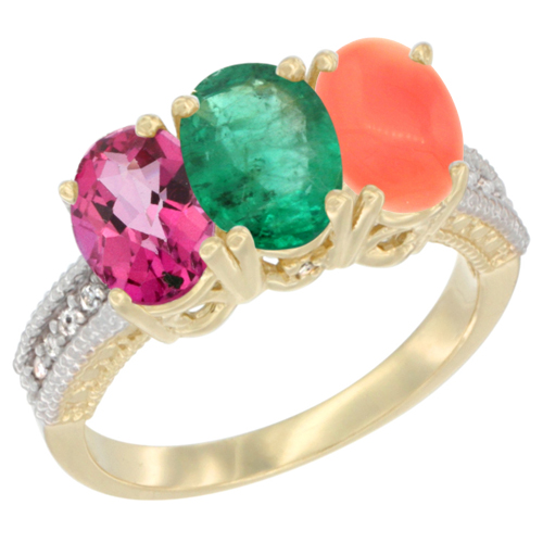 14K Yellow Gold Natural Pink Topaz, Emerald & Coral Ring 3-Stone 7x5 mm Oval Diamond Accent, sizes 5 - 10