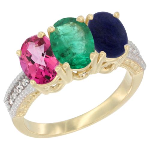 14K Yellow Gold Natural Pink Topaz, Emerald & Lapis Ring 3-Stone 7x5 mm Oval Diamond Accent, sizes 5 - 10