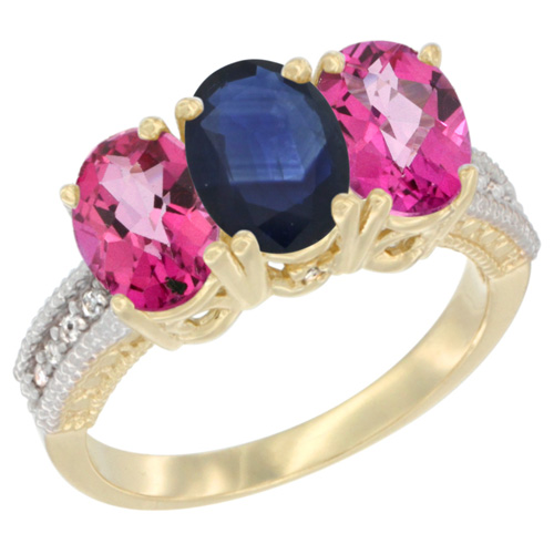 10K Yellow Gold Diamond Natural Blue Sapphire & Pink Topaz Ring 3-Stone 7x5 mm Oval, sizes 5 - 10