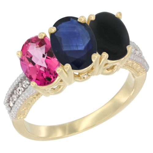 10K Yellow Gold Diamond Natural Pink Topaz, Blue Sapphire & Black Onyx Ring 3-Stone 7x5 mm Oval, sizes 5 - 10