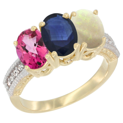 10K Yellow Gold Diamond Natural Pink Topaz, Blue Sapphire & Opal Ring 3-Stone 7x5 mm Oval, sizes 5 - 10