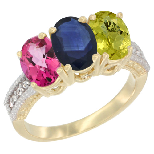 10K Yellow Gold Diamond Natural Pink Topaz, Blue Sapphire & Lemon Quartz Ring 3-Stone 7x5 mm Oval, sizes 5 - 10