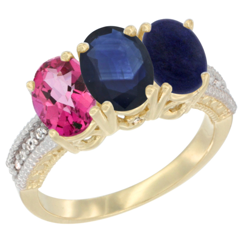 10K Yellow Gold Diamond Natural Pink Topaz, Blue Sapphire & Lapis Ring 3-Stone 7x5 mm Oval, sizes 5 - 10