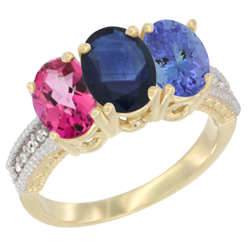 10K Yellow Gold Diamond Natural Pink Topaz, Blue Sapphire & Tanzanite Ring 3-Stone 7x5 mm Oval, sizes 5 - 10