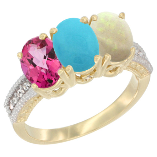 10K Yellow Gold Diamond Natural Pink Topaz, Turquoise & Opal Ring 3-Stone 7x5 mm Oval, sizes 5 - 10