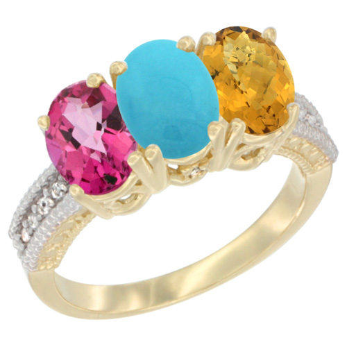 10K Yellow Gold Diamond Natural Pink Topaz, Turquoise & Whisky Quartz Ring 3-Stone 7x5 mm Oval, sizes 5 - 10