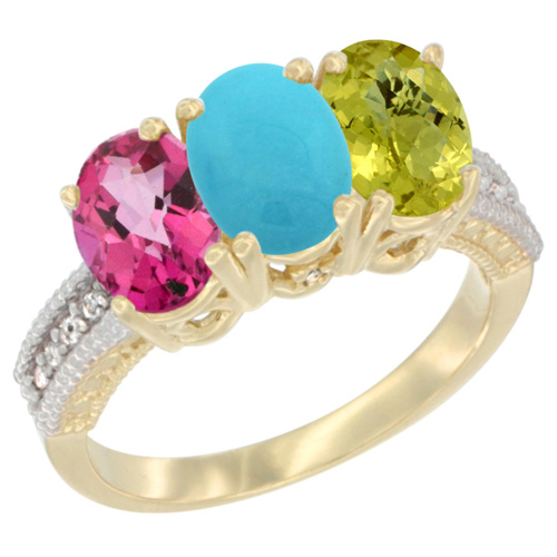 10K Yellow Gold Diamond Natural Pink Topaz, Turquoise & Lemon Quartz Ring 3-Stone 7x5 mm Oval, sizes 5 - 10