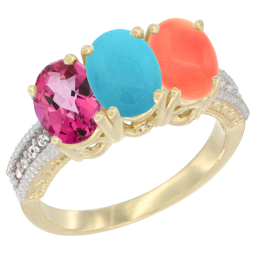 10K Yellow Gold Diamond Natural Pink Topaz, Turquoise & Coral Ring 3-Stone 7x5 mm Oval, sizes 5 - 10