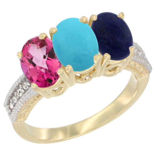 10K Yellow Gold Diamond Natural Pink Topaz, Turquoise & Lapis Ring 3-Stone 7x5 mm Oval, sizes 5 - 10