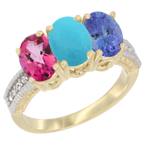 10K Yellow Gold Diamond Natural Pink Topaz, Turquoise & Tanzanite Ring 3-Stone 7x5 mm Oval, sizes 5 - 10
