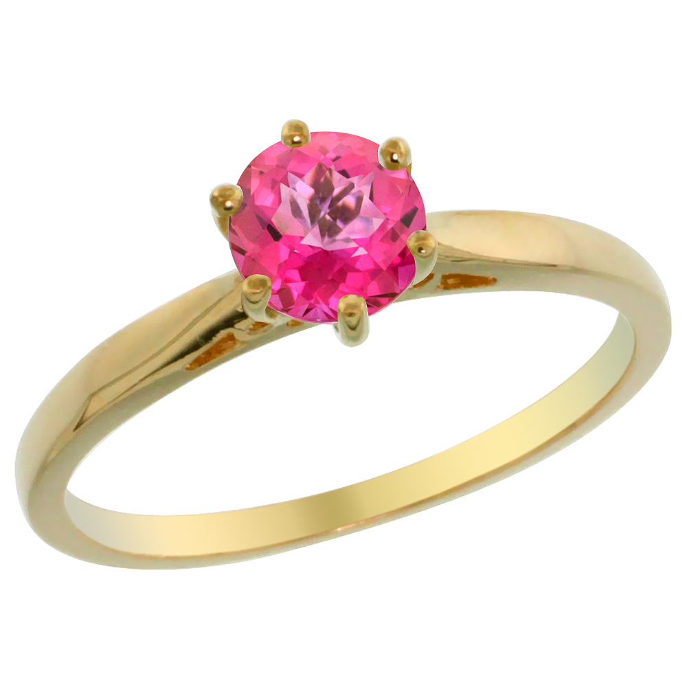 14K Yellow Gold Natural Pink Topaz Solitaire Ring Round 5mm, sizes 5 - 10