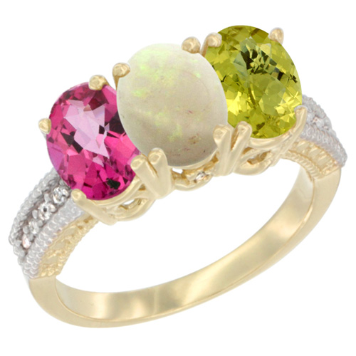 14K Yellow Gold Natural Pink Topaz, Opal & Lemon Quartz Ring 3-Stone 7x5 mm Oval Diamond Accent, sizes 5 - 10