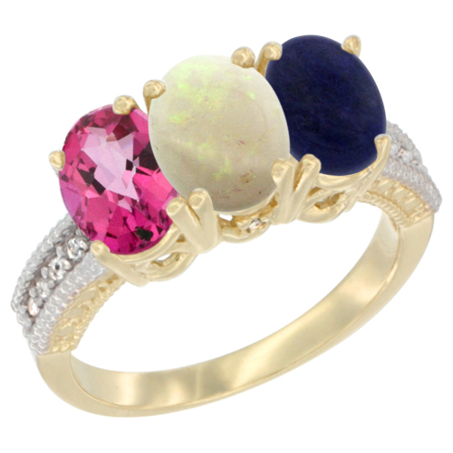 14K Yellow Gold Natural Pink Topaz, Opal & Lapis Ring 3-Stone 7x5 mm Oval Diamond Accent, sizes 5 - 10