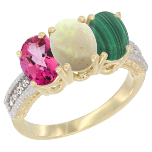 14K Yellow Gold Natural Pink Topaz, Opal & Malachite Ring 3-Stone 7x5 mm Oval Diamond Accent, sizes 5 - 10