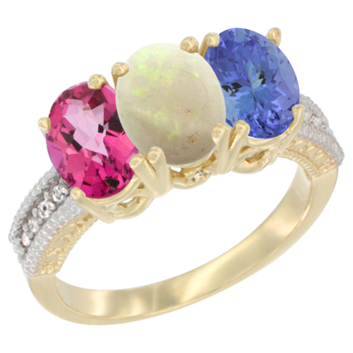 14K Yellow Gold Natural Pink Topaz, Opal & Tanzanite Ring 3-Stone 7x5 mm Oval Diamond Accent, sizes 5 - 10