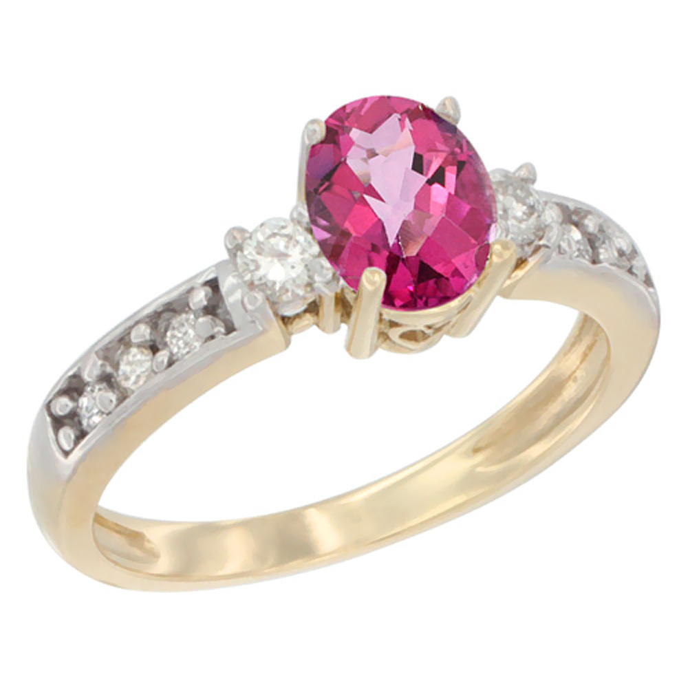 10k Yellow Gold Natural Pink Topaz Ring Oval 7x5 mm Diamond Accent, sizes 5 - 10