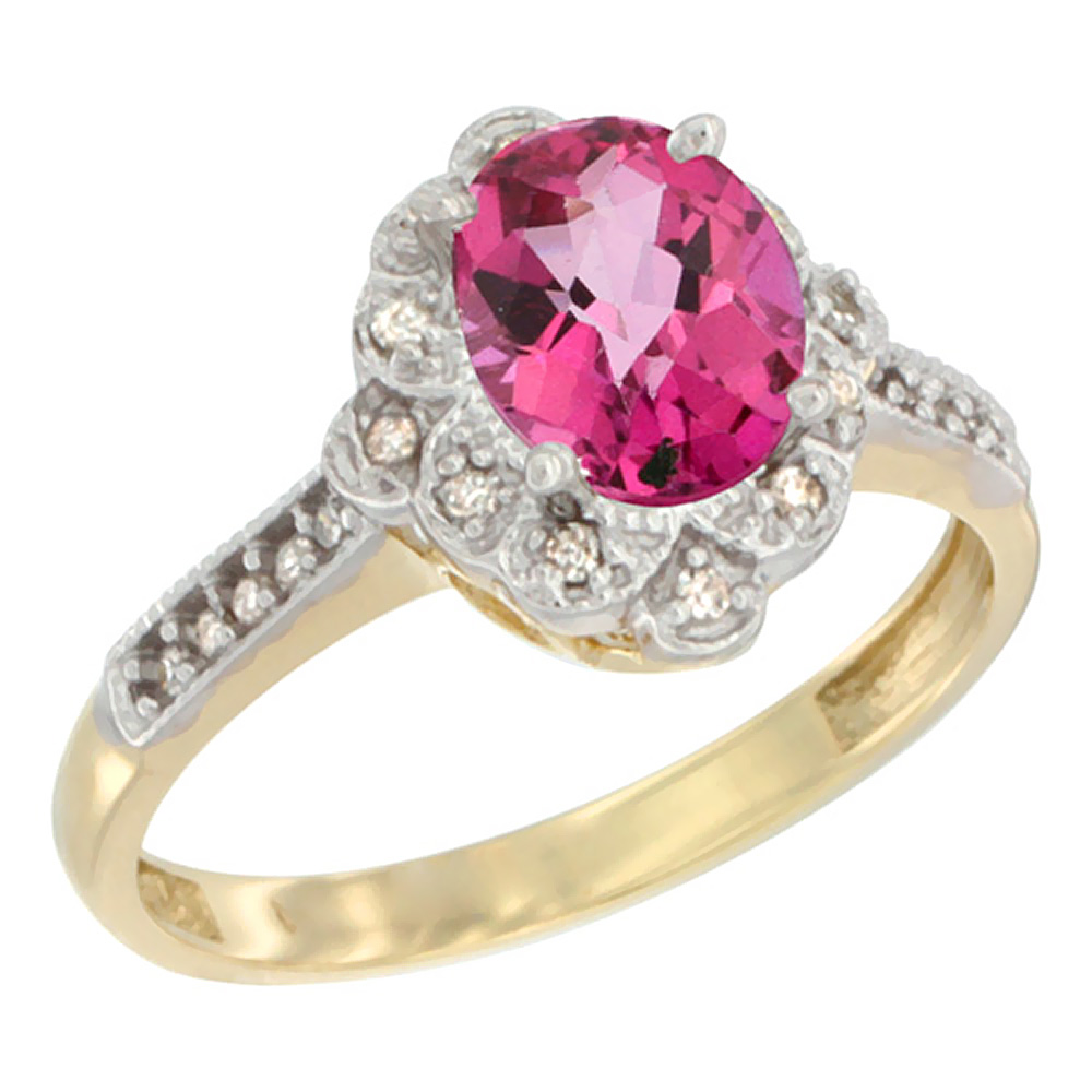 10K Yellow Gold Natural Pink Topaz Ring Oval 8x6 mm Floral Diamond Halo, sizes 5 - 10