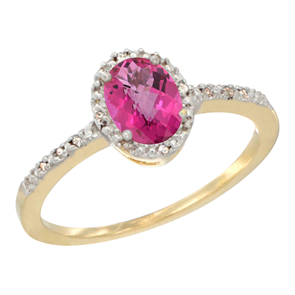 10K Yellow Gold Diamond Natural Pink Topaz Engagement Ring Oval 7x5 mm, sizes 5 - 10