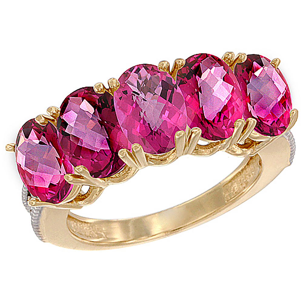10K Yellow Gold Natural Pink Topaz 1 ct. Oval 7x5mm 5-Stone Mother's Ring with Diamond Accents, sizes 5 to 10 with half sizes