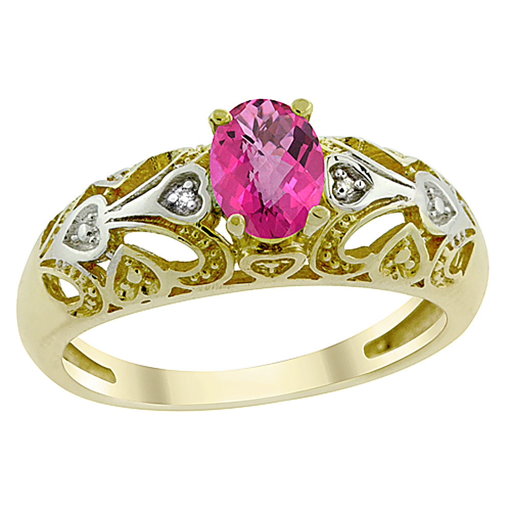 10K Yellow Gold Natural Pink Topaz Ring Oval 6x4 mm Diamond Accent, sizes 5 - 10