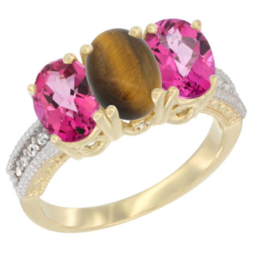 10K Yellow Gold Diamond Natural Tiger Eye & Pink Topaz Ring 3-Stone 7x5 mm Oval, sizes 5 - 10