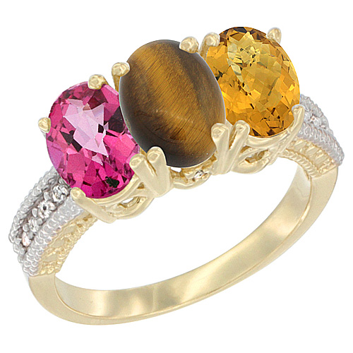 10K Yellow Gold Diamond Natural Pink Topaz, Tiger Eye & Whisky Quartz Ring 3-Stone 7x5 mm Oval, sizes 5 - 10