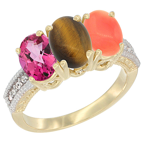10K Yellow Gold Diamond Natural Pink Topaz, Tiger Eye & Coral Ring 3-Stone 7x5 mm Oval, sizes 5 - 10