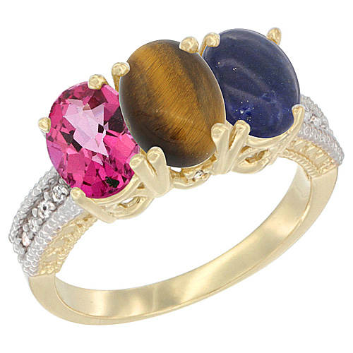 10K Yellow Gold Diamond Natural Pink Topaz, Tiger Eye & Lapis Ring 3-Stone 7x5 mm Oval, sizes 5 - 10