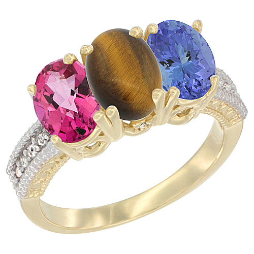 10K Yellow Gold Diamond Natural Pink Topaz, Tiger Eye & Tanzanite Ring 3-Stone 7x5 mm Oval, sizes 5 - 10