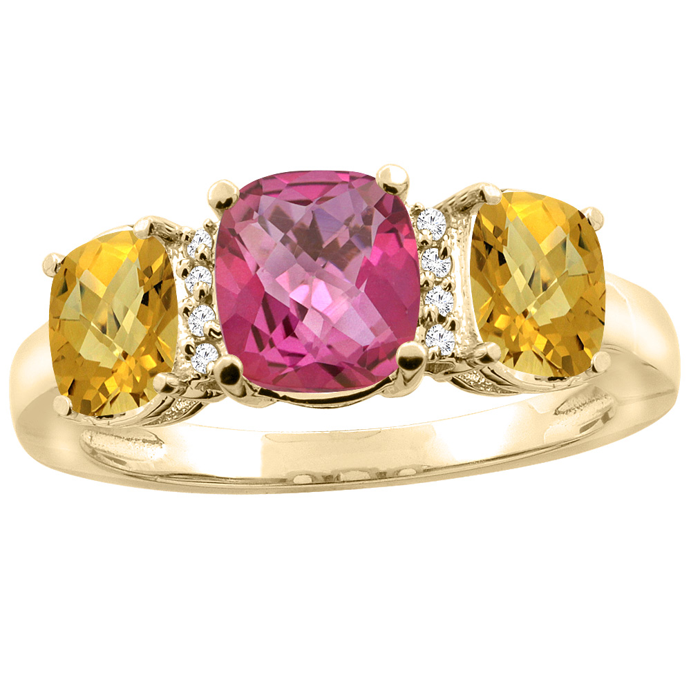 10K Yellow Gold Natural Pink Topaz & Whisky Quartz 3-stone Ring Cushion 8x6mm Diamond Accent, sizes 5 - 10
