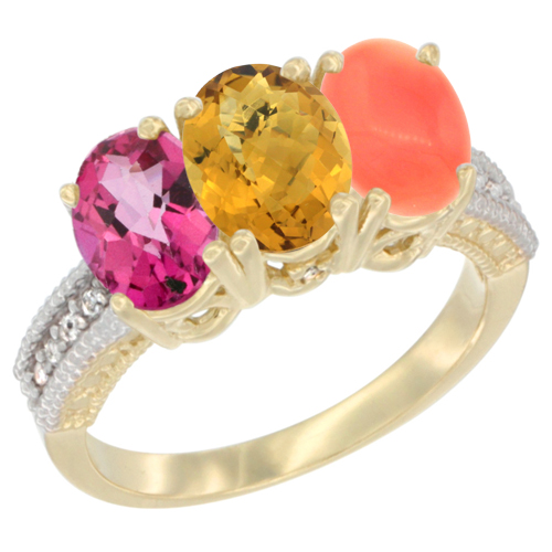 10K Yellow Gold Diamond Natural Pink Topaz, Whisky Quartz & Coral Ring 3-Stone 7x5 mm Oval, sizes 5 - 10