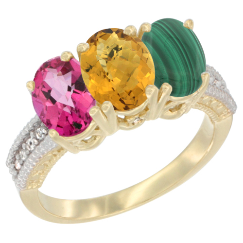 10K Yellow Gold Diamond Natural Pink Topaz, Whisky Quartz & Malachite Ring 3-Stone 7x5 mm Oval, sizes 5 - 10