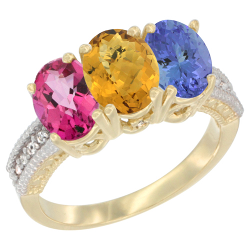 10K Yellow Gold Diamond Natural Pink Topaz, Whisky Quartz & Tanzanite Ring 3-Stone 7x5 mm Oval, sizes 5 - 10