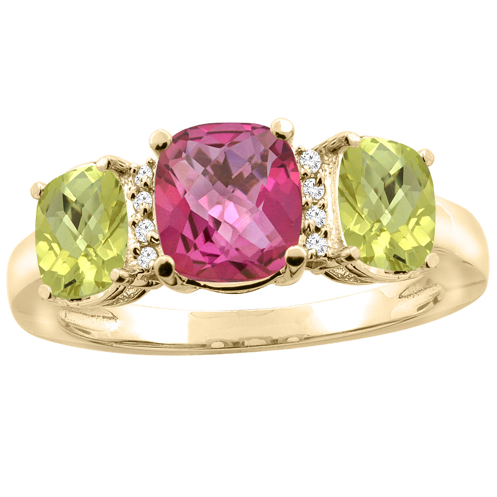 10K Yellow Gold Natural Pink Topaz & Lemon Quartz 3-stone Ring Cushion 8x6mm Diamond Accent, sizes 5 - 10