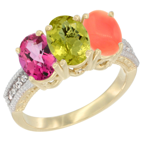 10K Yellow Gold Diamond Natural Pink Topaz, Lemon Quartz & Coral Ring 3-Stone 7x5 mm Oval, sizes 5 - 10