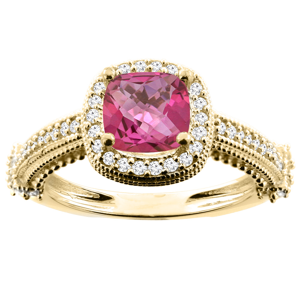 10K White/Yellow/Rose Gold Natural Pink Topaz Ring Cushion 7x7mm Diamond Accent, size 5
