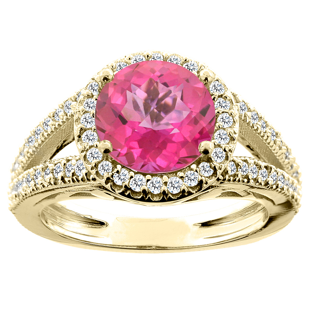 10K White/Yellow/Rose Gold Natural Pink Topaz Ring Round 8mm Diamond Accent, sizes 5 - 10