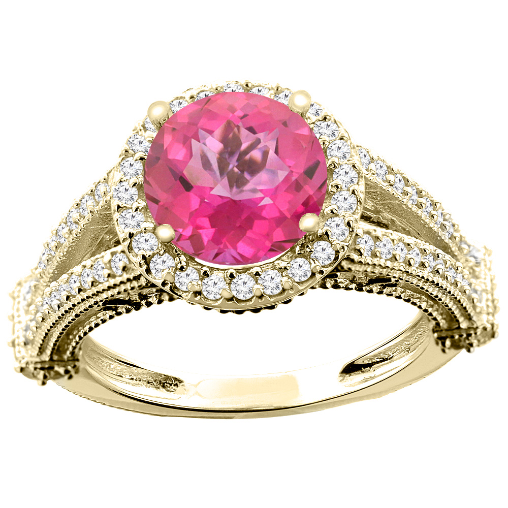10K White/Yellow/Rose Gold Natural Pink Topaz Ring Round 8mm Diamond Accent, sizes 5 - 10