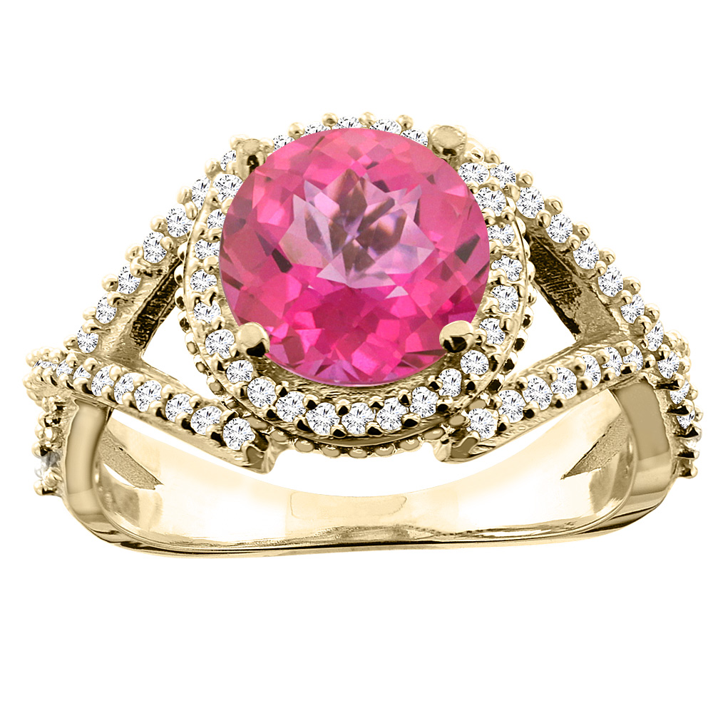 10K White/Yellow/Rose Gold Natural Pink Topaz Ring Round 8mm Diamond Accent, sizes 5 - 10