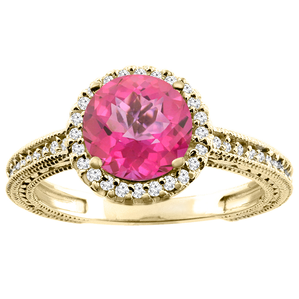 10K White/Yellow/Rose Gold Natural Pink Topaz Ring Round 7mm Diamond Accent, sizes 5 - 10
