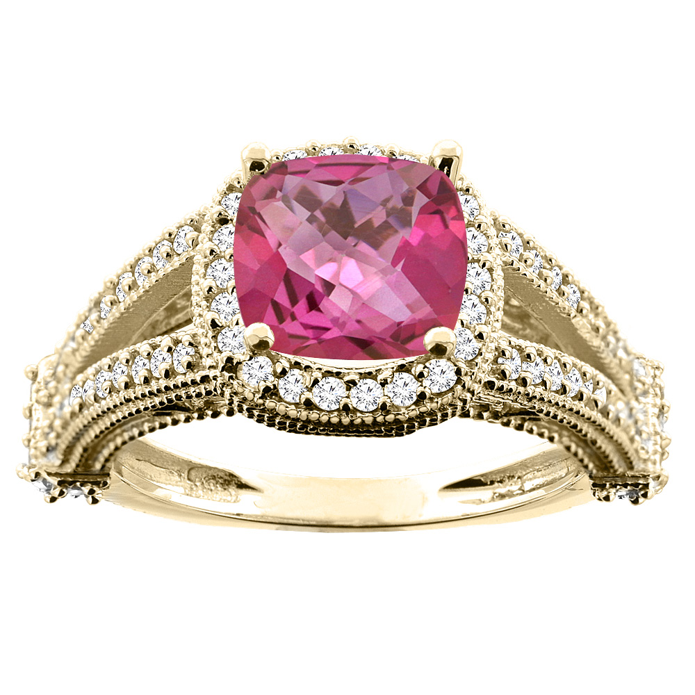10K White/Yellow/Rose Gold Natural Pink Topaz Split Shank Ring Cushion 7x7mm Diamond Accent, sizes 5 - 10