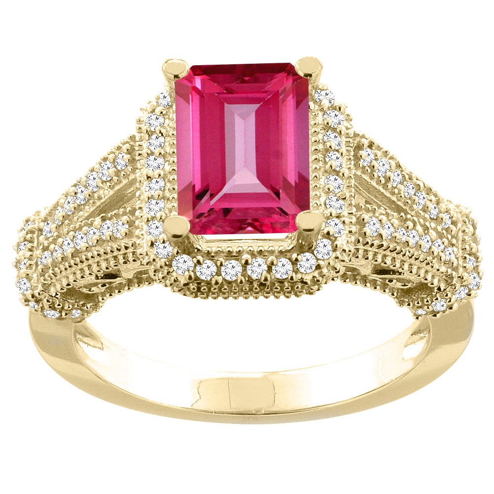 10K White/Yellow/Rose Gold Natural Pink Topaz Ring Octagon 8x6mm Diamond Accent, sizes 5-10