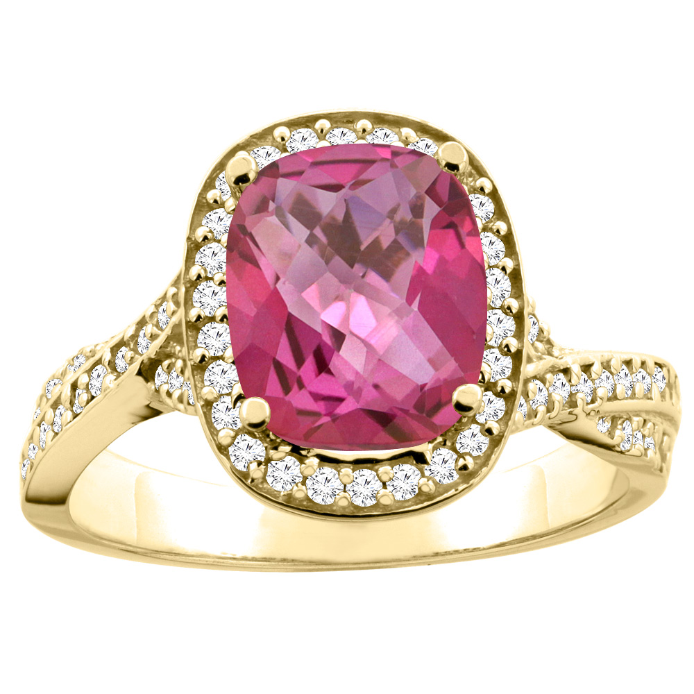 10K Yellow Gold Natural Pink Topaz Halo Ring Cushion 9x7mm Diamond Accent, sizes 5 - 10